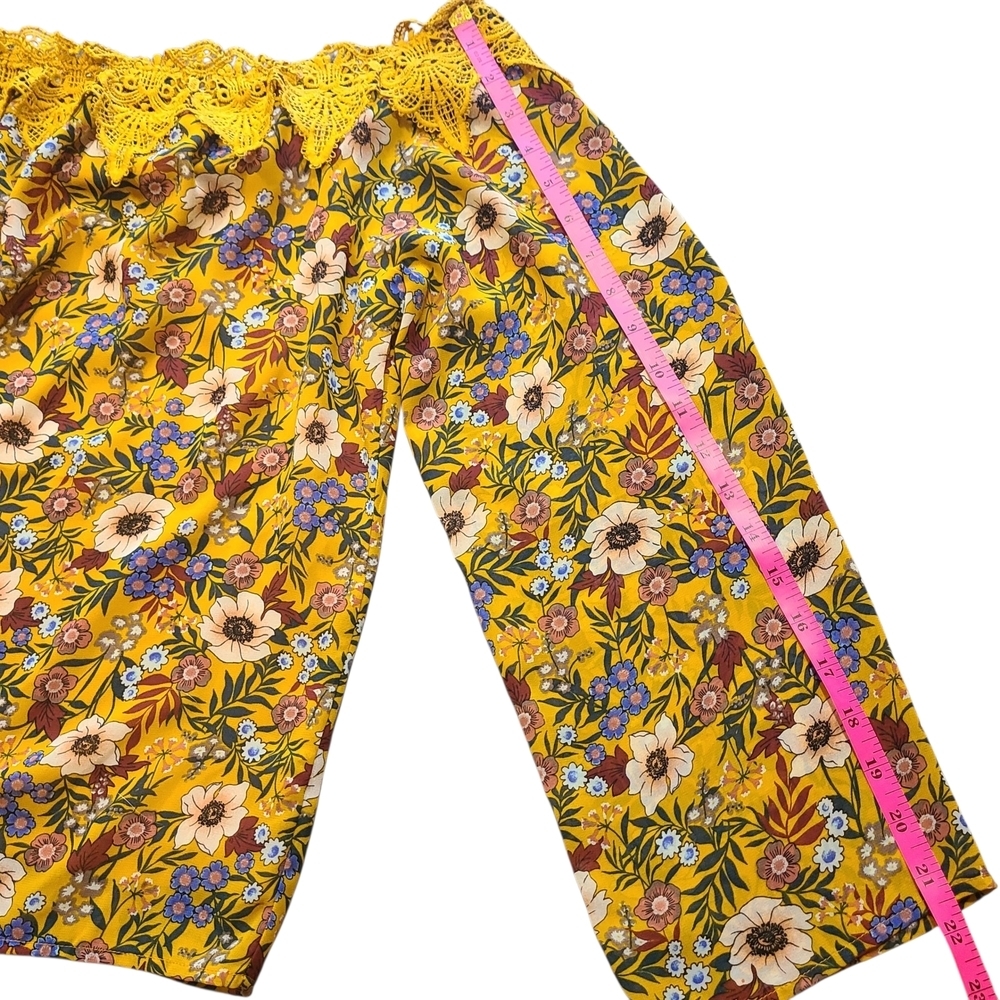 Essue Off Shoulder Floral Blouse Mustard Yellow Crochet Lace XL Boho - Picture 11 of 11